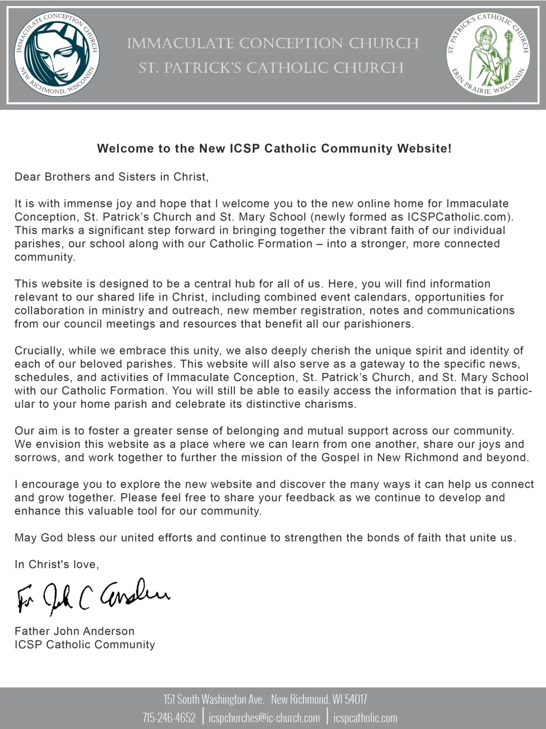 Welcome Letter from Father John Anderson